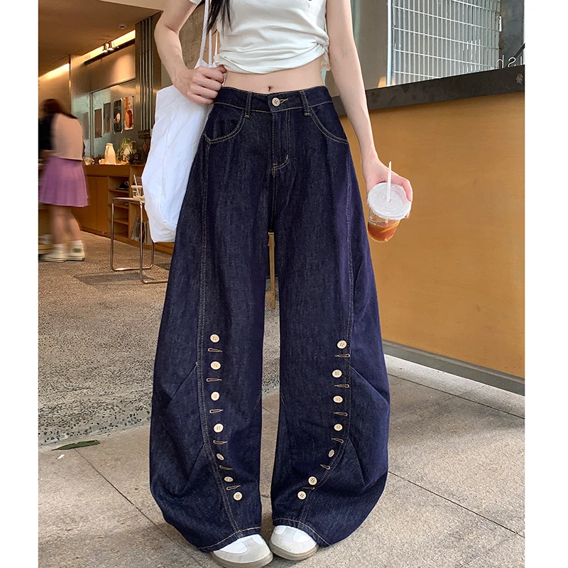 Washed Button-shaped Crescent-shaped Jeans Women Street Loose Casual Denim Pants Trendy Y2K Harajuku Jeans