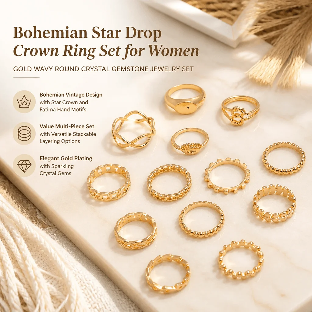 Bohemian Ring Set Gold Stackable Rings For Women Vintage Boho Crystal Layered Finger Jewelry Statement Party Gift Accessories