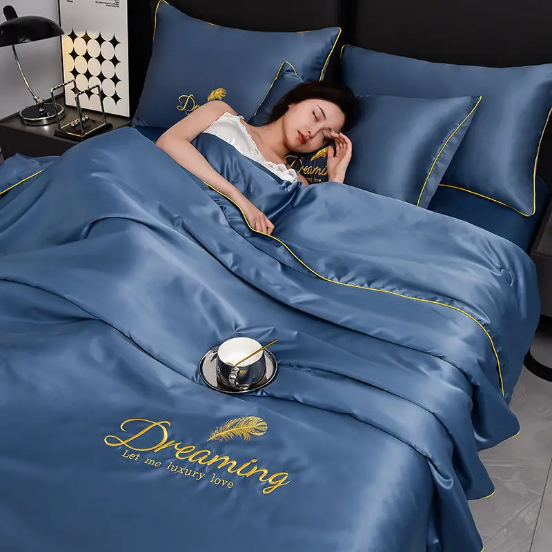 

Washable ice silk sheets, air-conditioned blankets, all season, multifunctional embroidery, four piece set