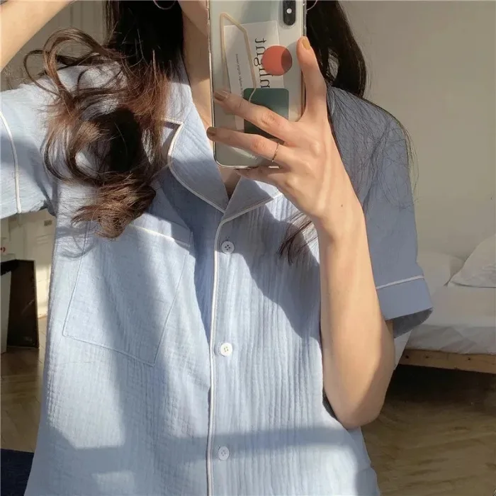 Women's Summer Pajamas, Short-Sleeve and Shorts, Sweet and Simple, Solid Color, Collared Cardigan, Loose Fit, Casual Home Wear image 3