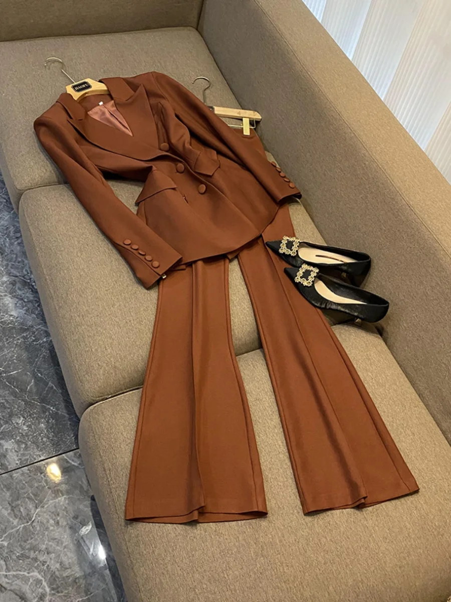 High Quality Spring Designed Office Lady Suit Single-breasted Long Sleeve Blazer Flared Pants Women Solid 2Pcs