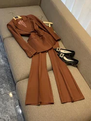 High Quality Spring Designed Office Lady Suit Single-breasted Long Sleeve Blazer Flared Pants Women Solid 2Pcs