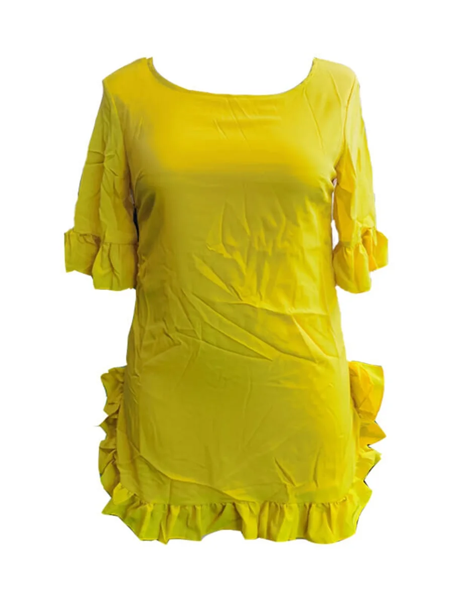 LW Sweet Plain Dresses Ruffle Design Yellow Blending Mini Dress Short-sleeve Back Zipper Flare Sleeve Yellow Fashion Streetwears