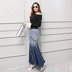 Free Shipping 2022 New Fashion Long Maxi Denim Jeans Skirts For Women S-L Mermaid Style Skirts With Tassels Spring Autumn