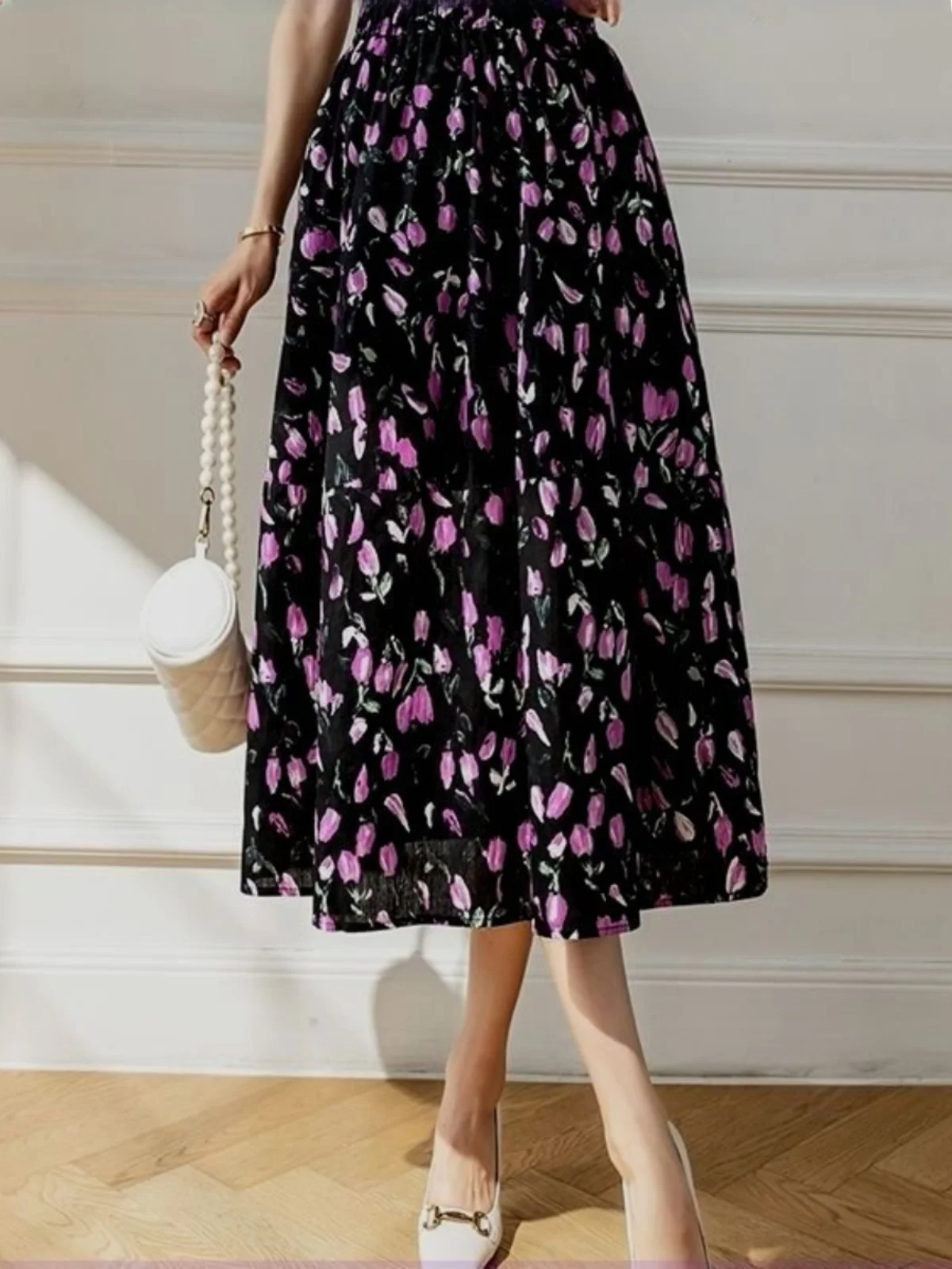 

High Waist A-Line Midi Skirt Women's Summer New Sle Tulip Chiffon Skirt Flared Skirt Slimming Hip Covering Skirt