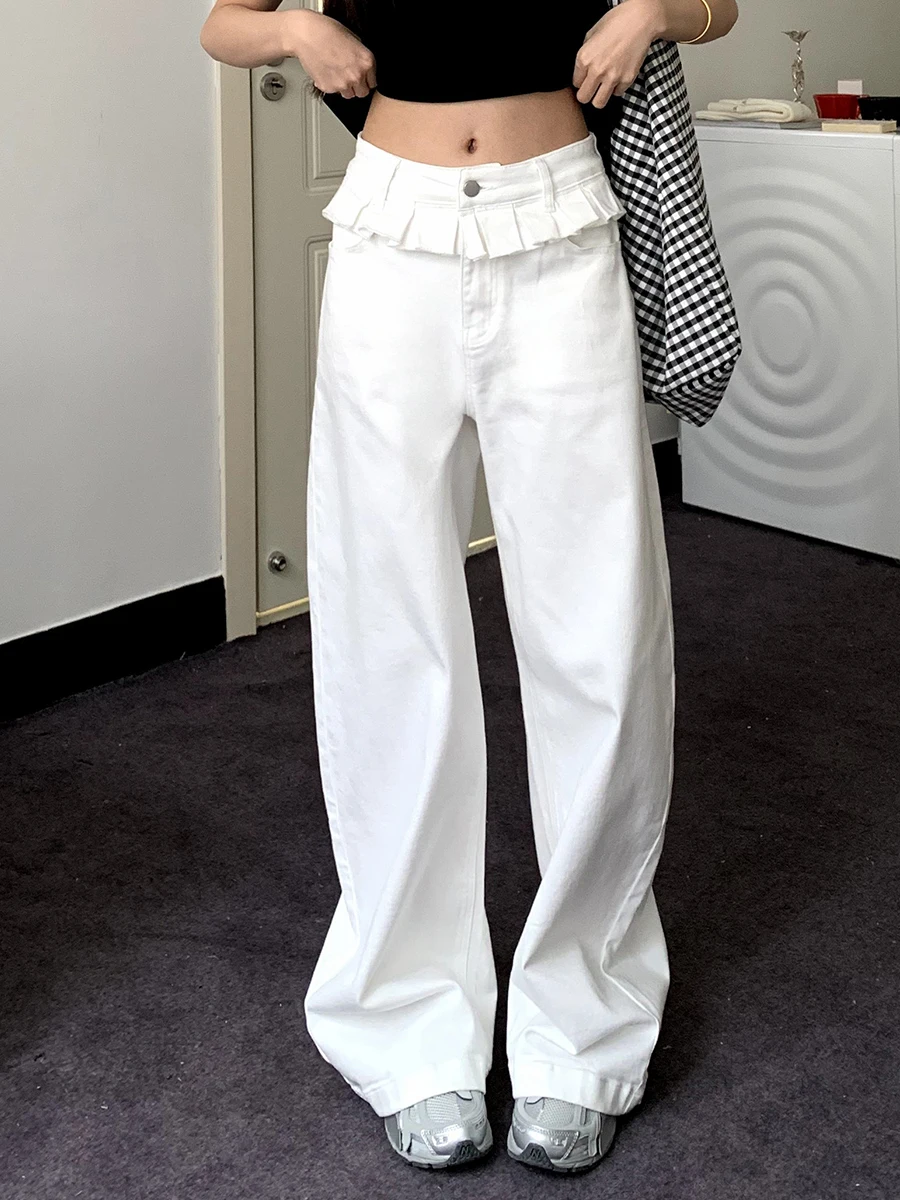 

Casual Patchwork Pleated Wide Leg Pants Loose Solid High-Waisted Straight Pants Women Fashion Streetwear Lady Jeans