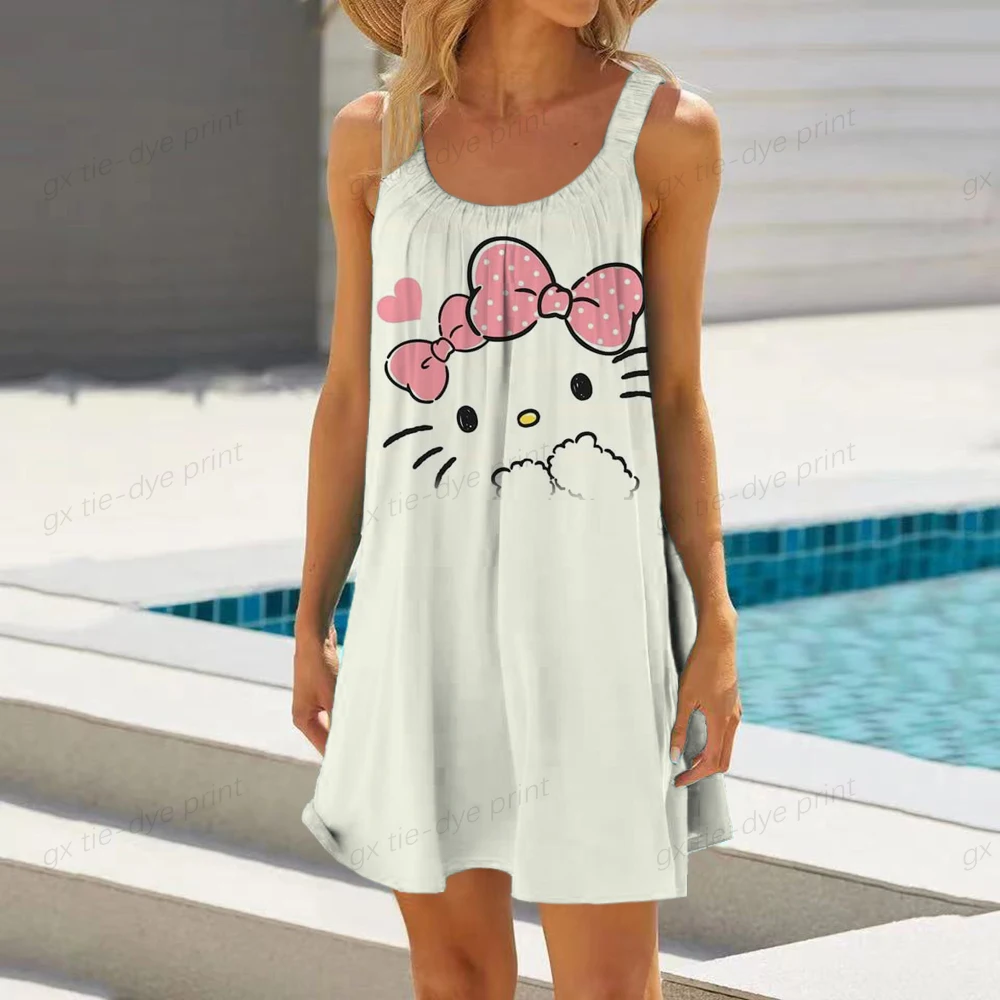 Womens Summer Sleeveless Round Neck Plain T-Shirt Dress Hello Kitty Printing Pleated Swing Casual Loose Pullover Streetwear