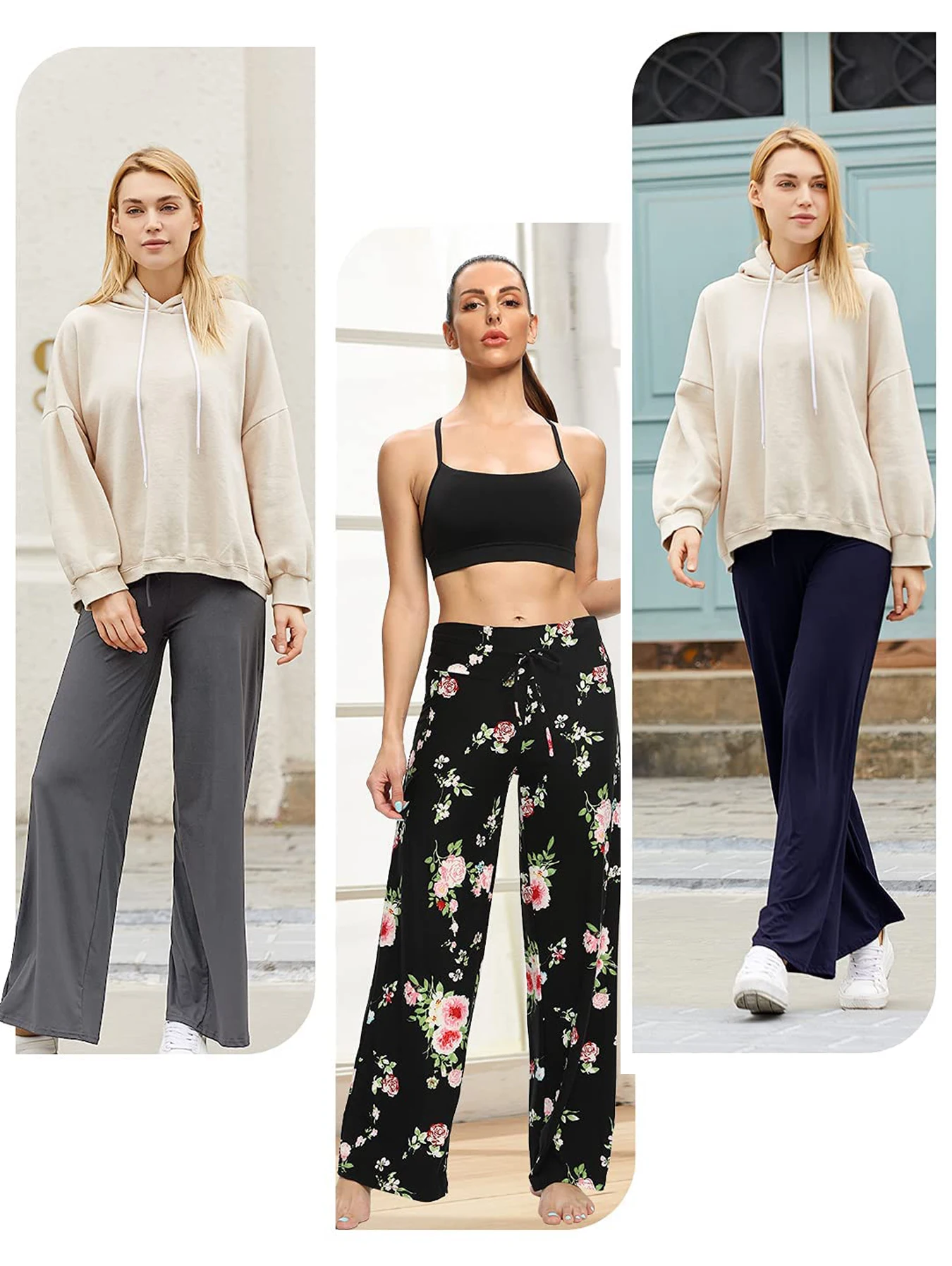 Pantaloni pigiama neri morbidi da donna, pantaloni capri da yoga comodi e casual a gamba larga 30''