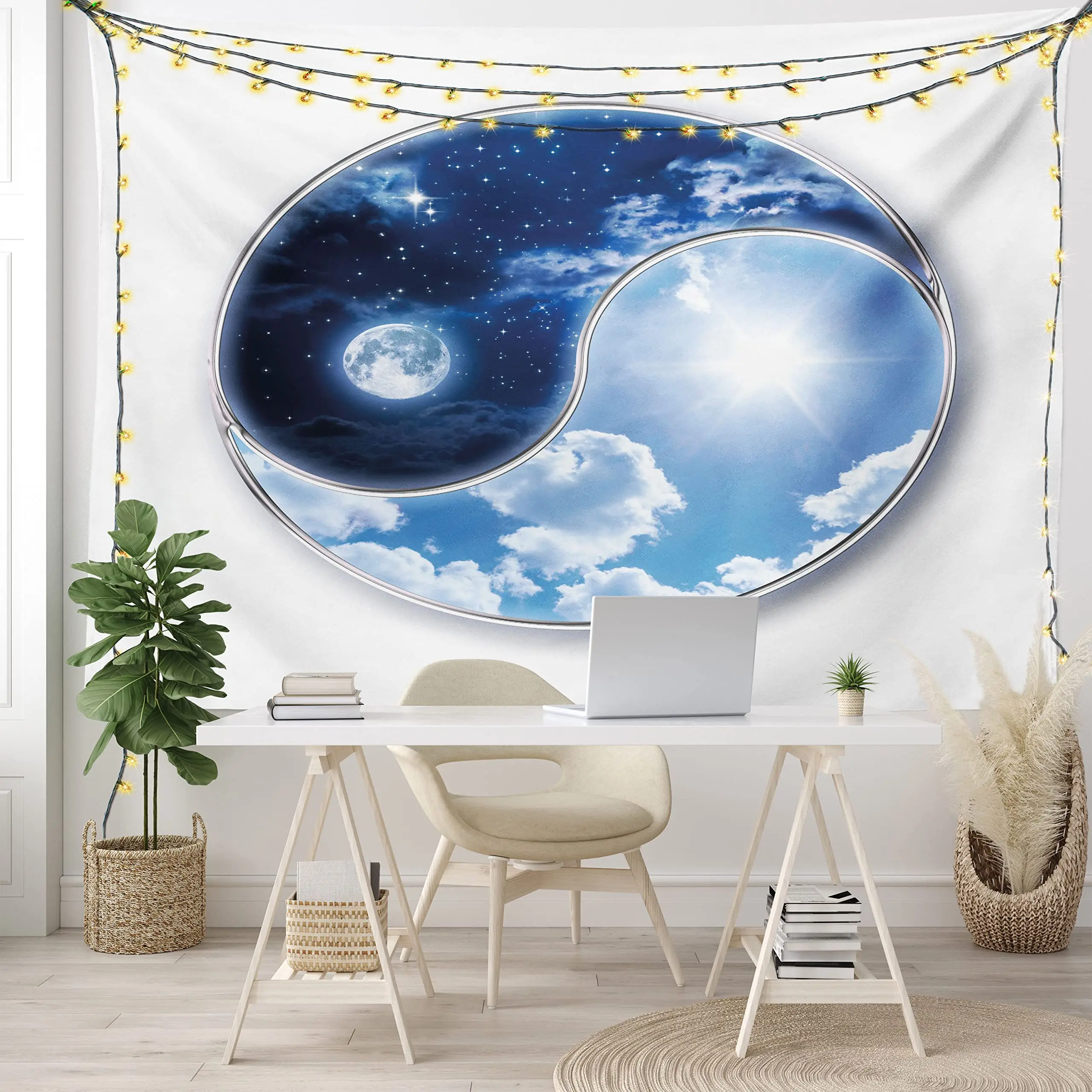 Tai Chi Yin Yang Moon and Sun Tapestry Chinese Style Art Printing Tapestries Wall Hanging Decor for Bedroom Living Room Dorm