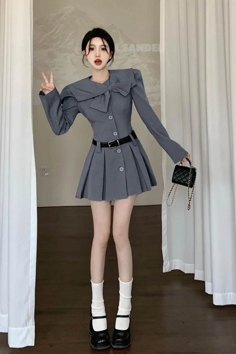 เดรสกระดุมแถวเดียวสำหรับผู้หญิงชุดเดรสมีจีบแขนมีโบว์สำหรับฤดูใบไม้ผลิและฤดูร้อน cewek seksi หวาน