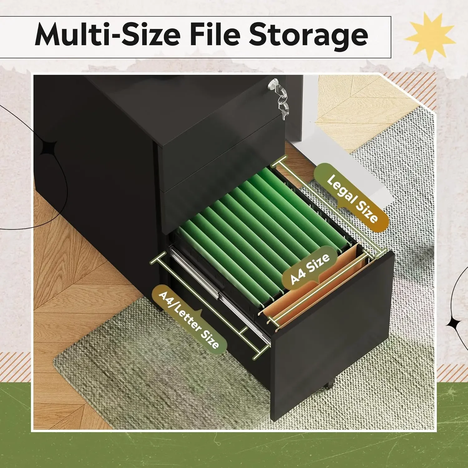 

3 Drawer File Cabinet with Lock, Metal Rolling Filing Cabinets for Home Office, Small Under Desk Cabinet with Slim Width (11.8 i
