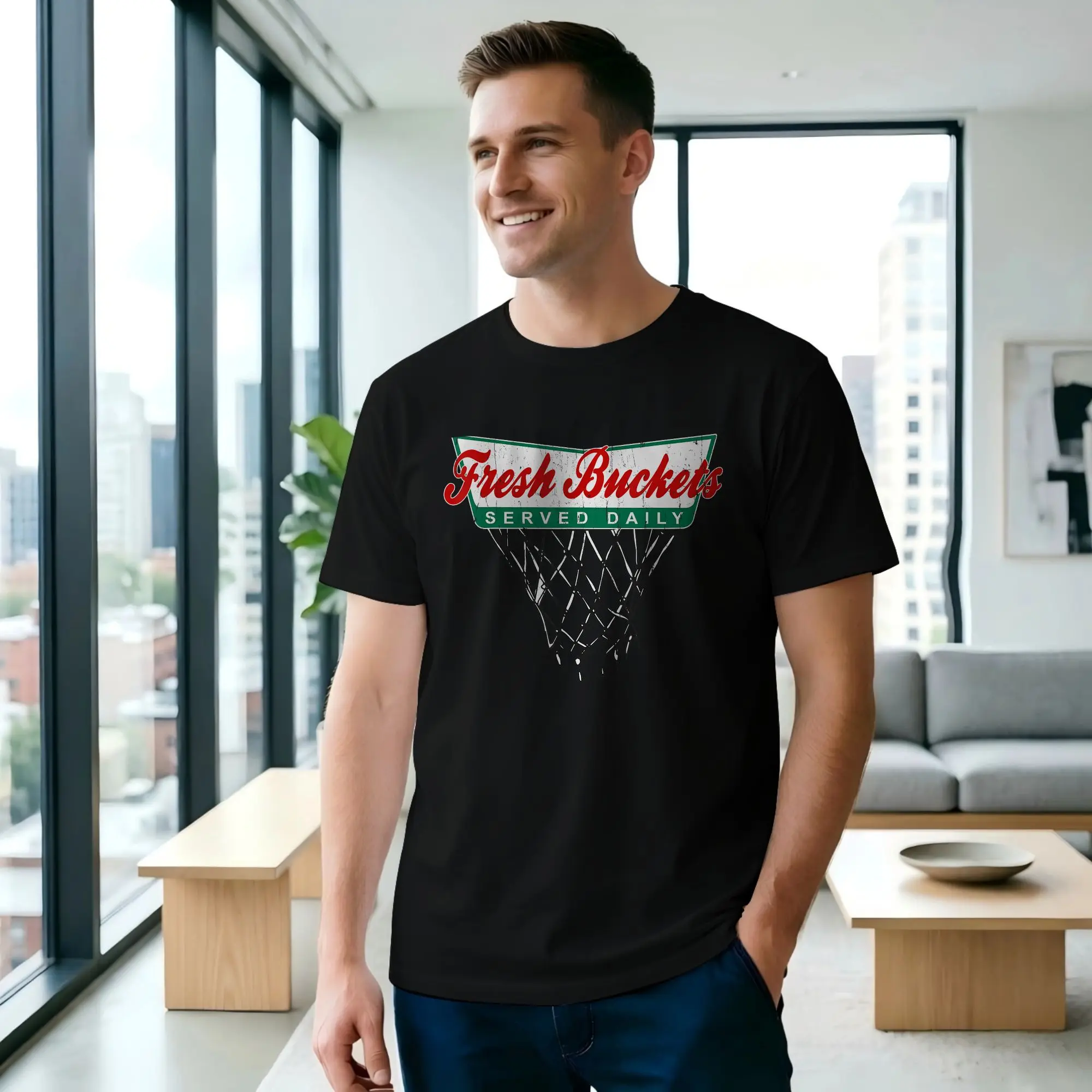 Basketball Player Fresh Bucket Served Daily ball Men's T Shirt Basketball  Tee Shirt Short Sleeve Round Collar Cotton Clothes