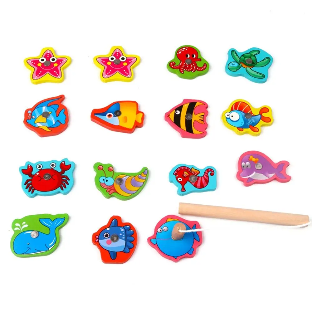 Multicolor Montessori Fishing Game Cartoon Fish Metal Box Packaging Fish Catching Game Wood Interactive Toy Educational Toy