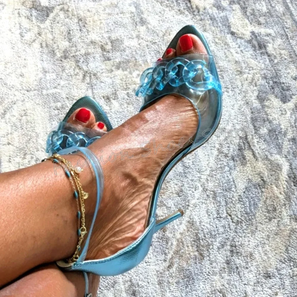 블루 PVC 체인 장식 샌들, 포인티드 토 스틸레토 하이힐, 여성용 섹시 힐, 2025 신상 여성 신발