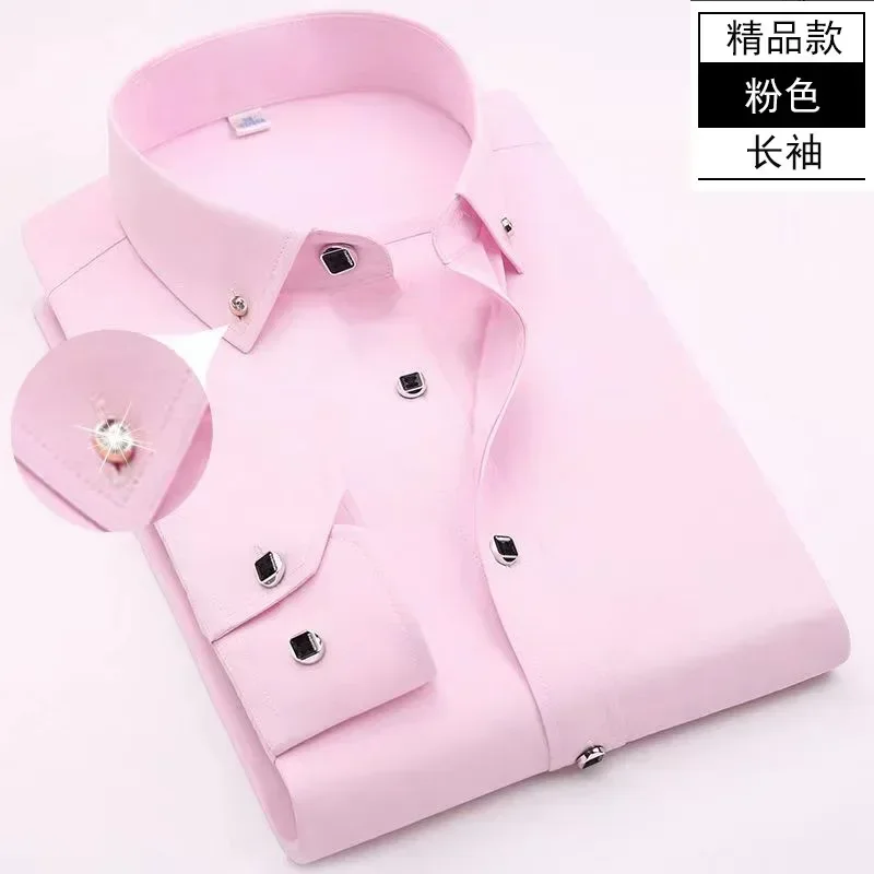 Spring and Autumn Men\'s High Quality Long Sleeve Shirt White Casual Short Sleeve Professional Dress Shirts Men\'s Diamond Buttons