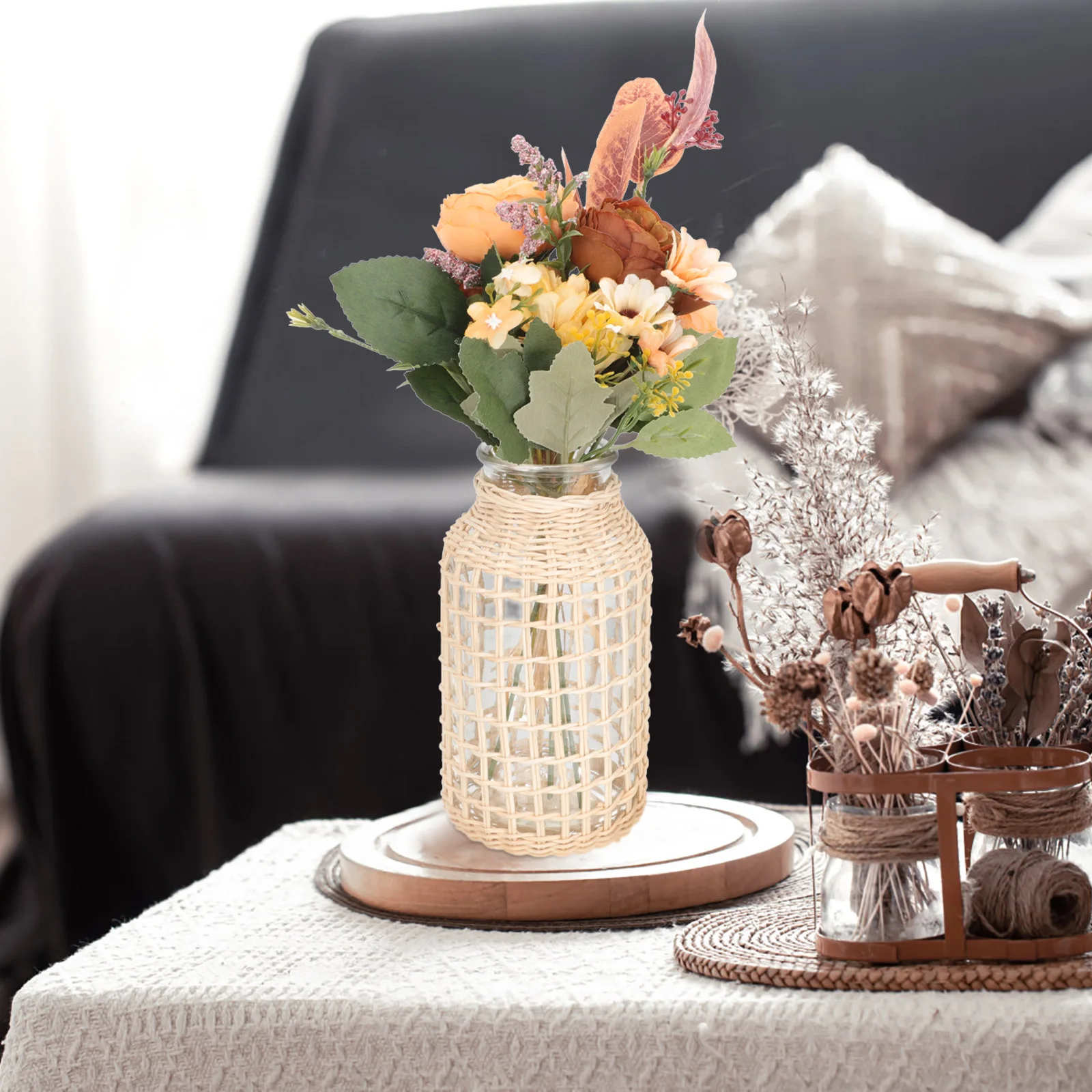 

Woven Rattan Glass Flower Vase Simple Rustic Table Decoration Home Office Dried Flower Arrangement Natural Handmade Wicker