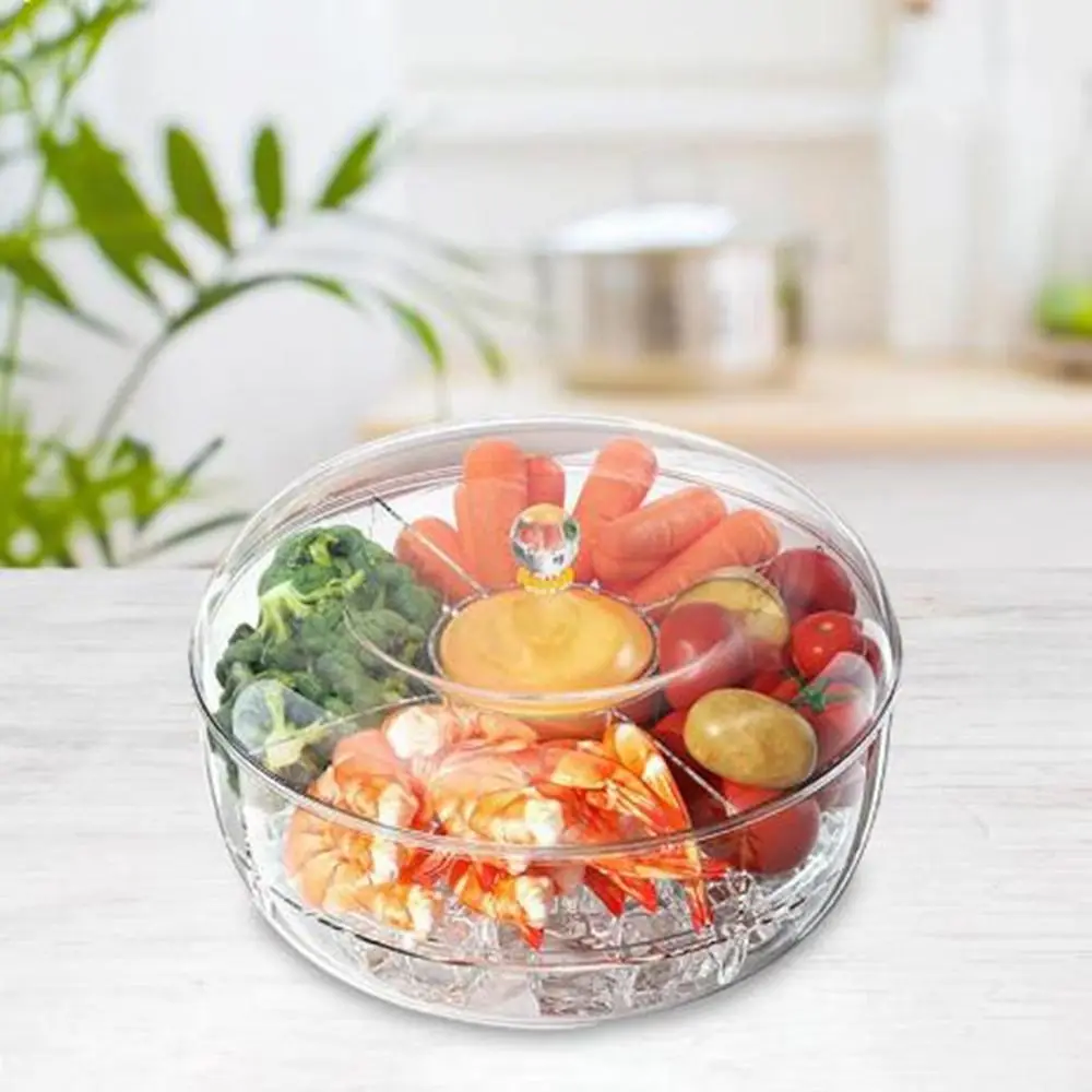 Plastic Refrigerator Spins Fruit Platter Round Rotating Divided Serving Tray Large Capacity Transparent Snack Storage Box