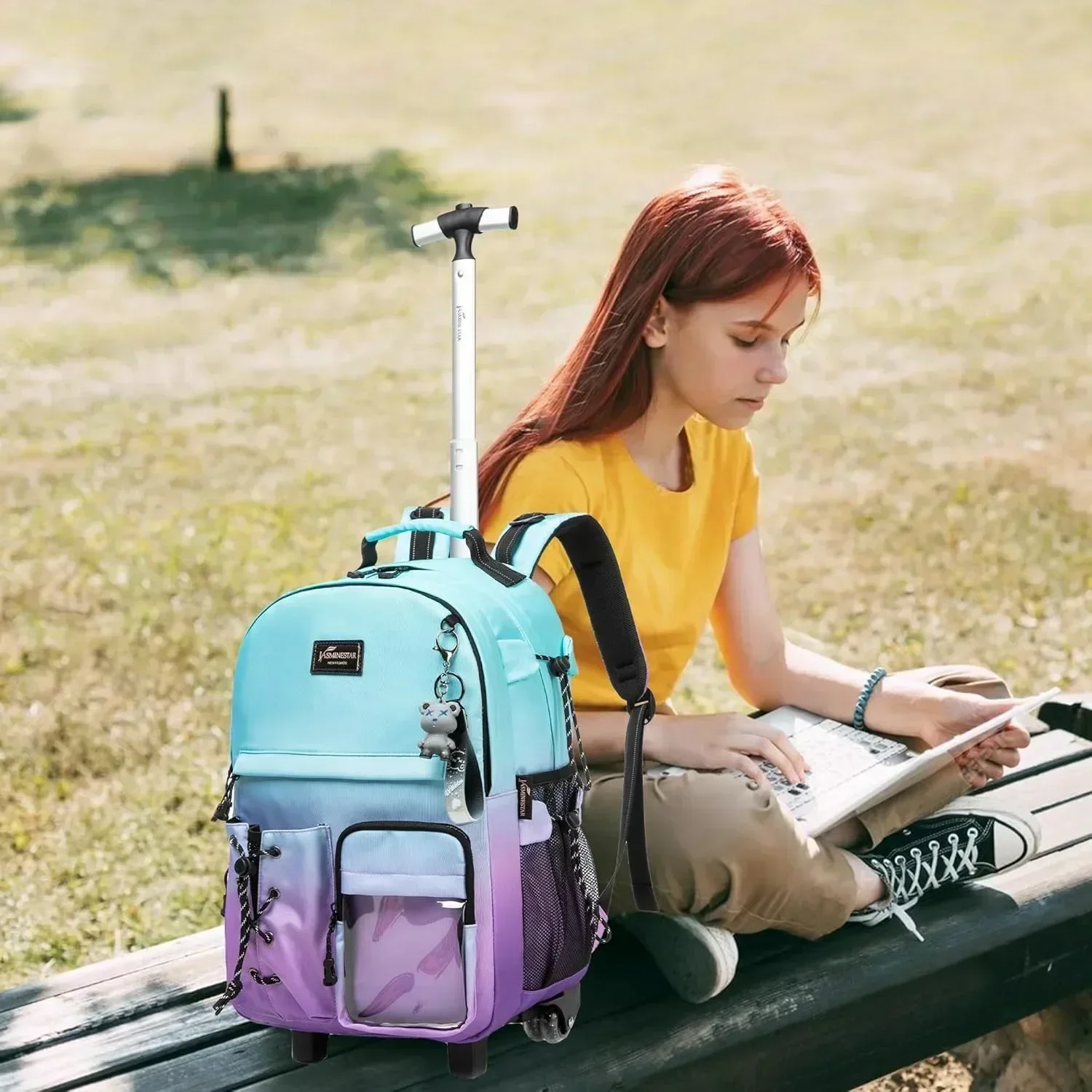 Set ransel sekolah untuk anak perempuan, tas punggung beroda untuk anak perempuan, tas bepergian, tas koper troli sekolah dengan roda