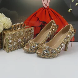 2024 Fashion New arrival Green Pearl Crystal Women Party shoes with matching bags Round toe High Pumps Platform shoes and Purse