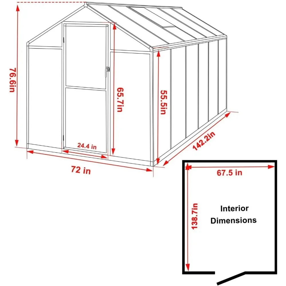 6x12 FT Outdoor Greenhouse, Polycarbonate Aluminum,with Lockable Door and Adjustable Roof Vent, Walk-in Greenhouse