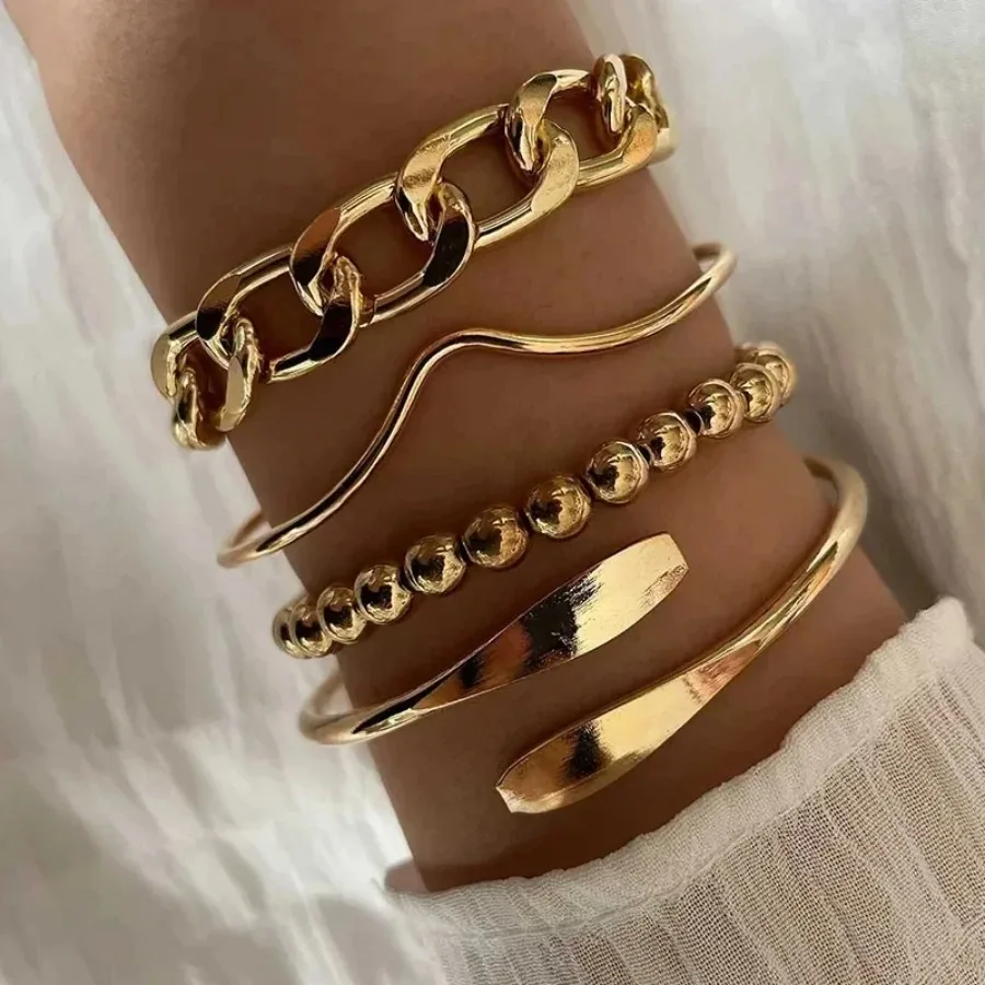 4 Pcs Gold Curb Cuban Chain Bracelets Set