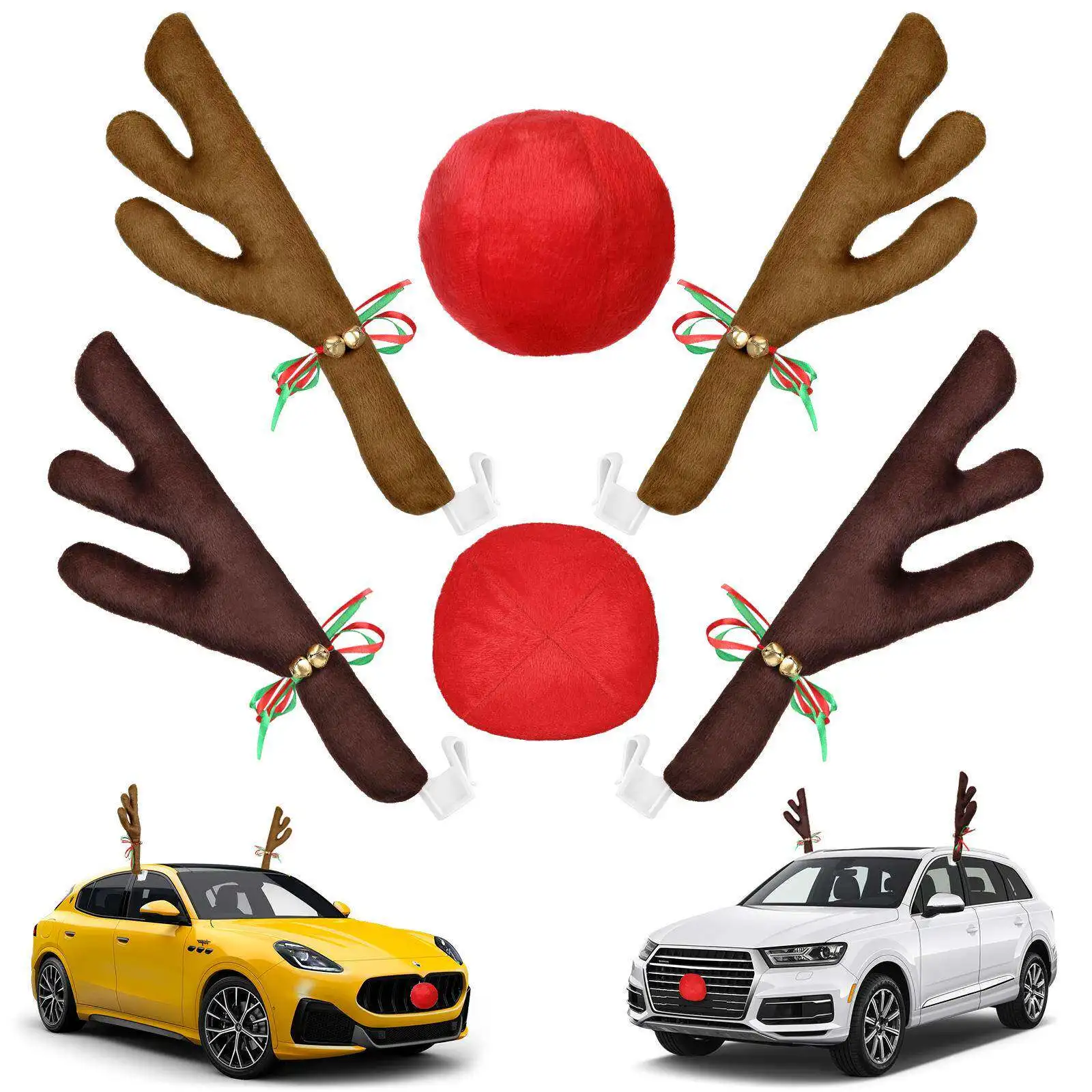 Christmas Car Antlers Short Plush Dark Brown Khaki Big Red Antlers Holiday Glowing Bells Ornament
