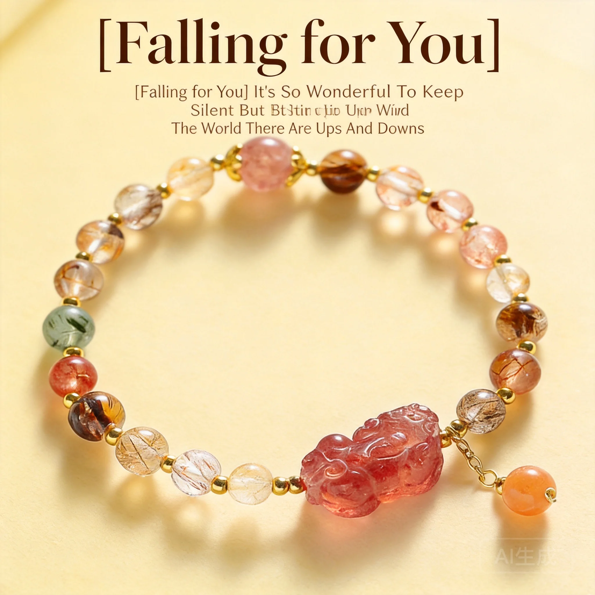 Chinese Style Lucky Pixiu Natural Strawberry Quartz Rutilated Quartz Beaded Bracelet Wealth Attracting Good Luck Elastic Jewelry