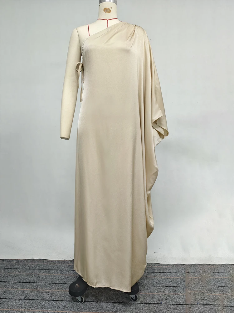 2025 nuevas mujeres elegantes mangas de murciélago Color sólido Split-Joint Robe vestido de un solo hombro suelto Casual vacaciones vestido veraniego