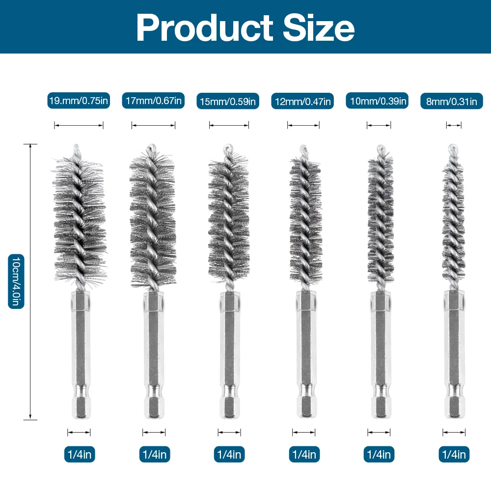 6/12 قطعة فرشاة سلك من الفولاذ المقاوم للصدأ، مجموعة فرشاة تنظيف الحفر، مقبض سداسي 1/4 بوصة، 8 مم 10 مم 12 مم 15 مم 17 مم 19 مم أدوات طحن وتلميع وتنظيف وإزالة الصدأ المنزلية