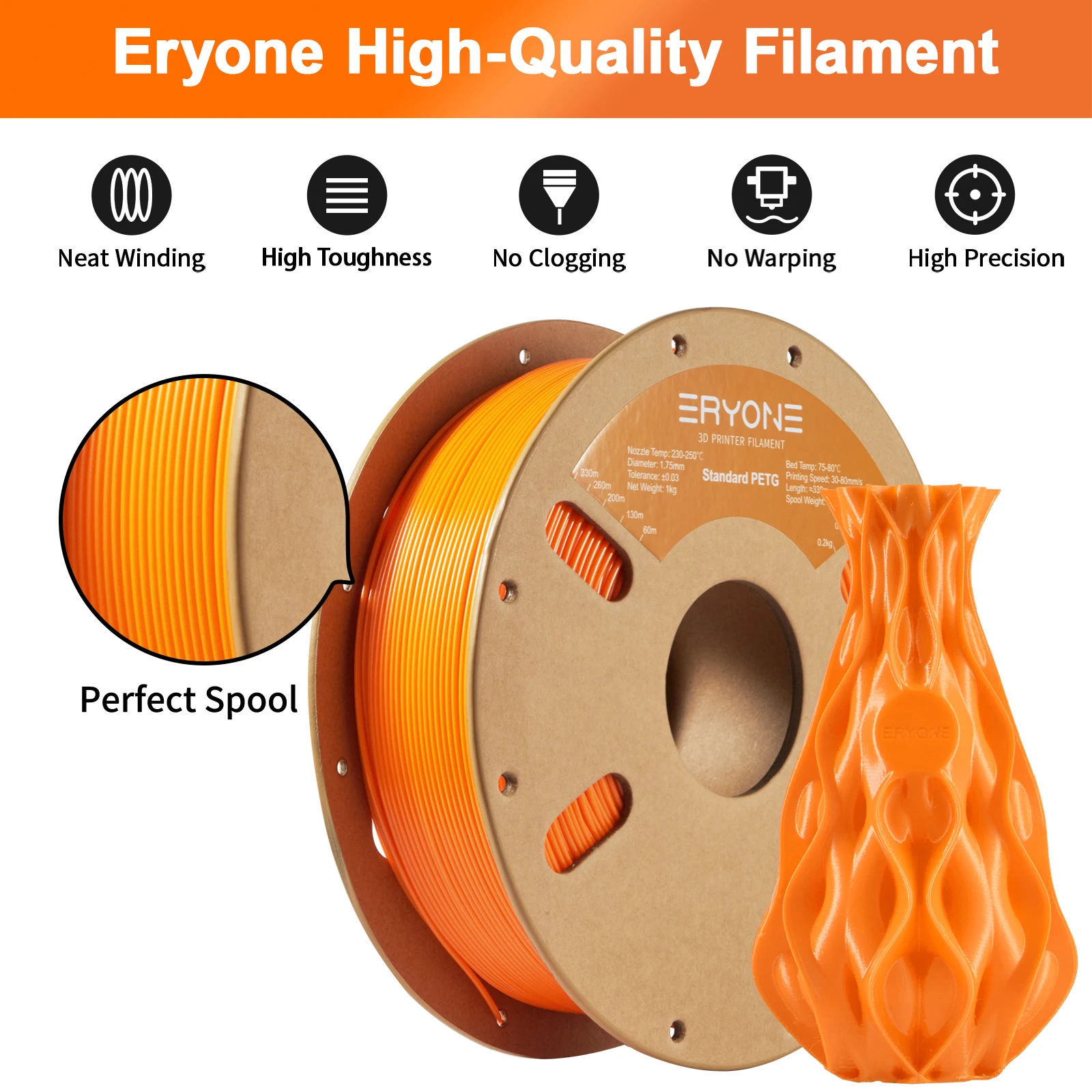 ERYONE PETG Filament 1kg 1.75mm ±0.03mm For 3D Printer,1KG (2.2LBS) 3D Printing Fast Shipping