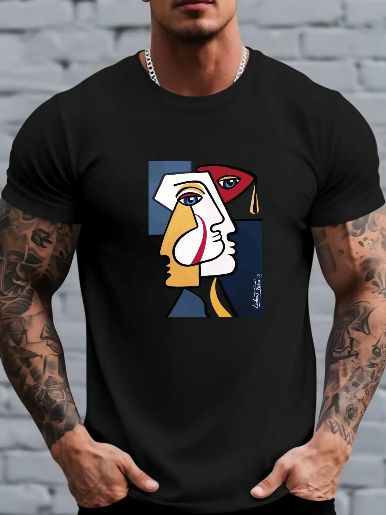 Men's Picasso Cubism Abstract Face Art T-Shirt - Picasso-Style Round-Neck Short-Sleeve Shirt with Cubism Face Print, Machine Washable Casual Outdoor Wear, Suitable for Training, Men's Picasso Design