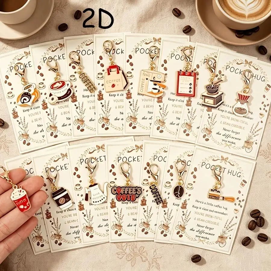 1/5/10/20/50/100pcs Coffee-themed keychains featuring coffee cups, coffee makers, coffee beans, and other coffee-related items,