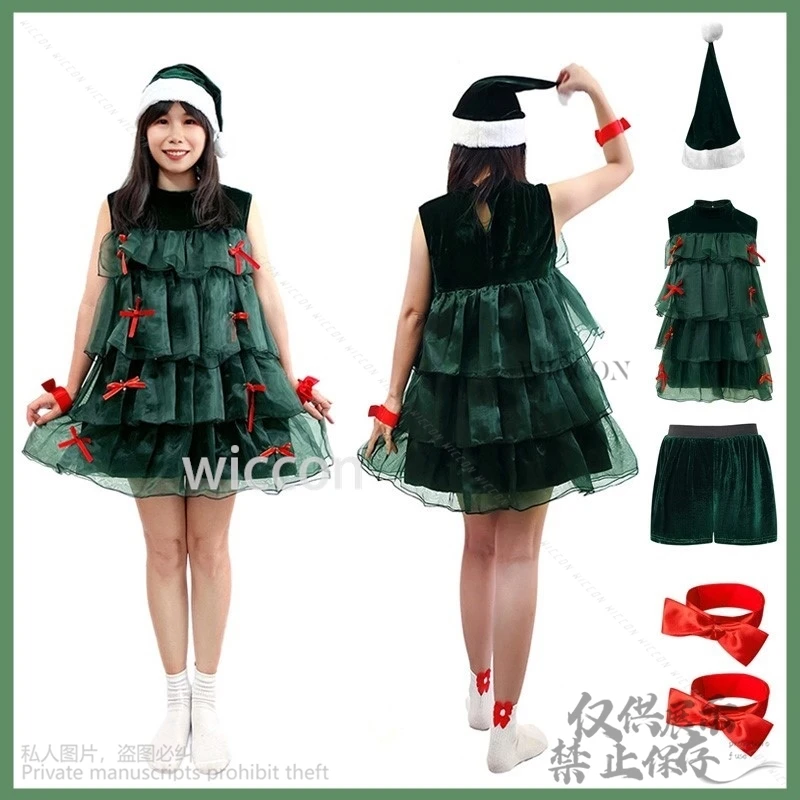 2024 Christmas Costume Cosplay Anime Dress Lolita Kawai Holiday Party Dance Suit Green Lace Cute Dress Hat Woman Girl Customized