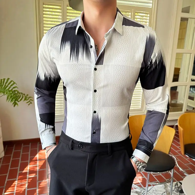 

New Business Casual Retro Long Sleeve Shirt Mens Digital Print Non Ironing Slim Social Shirts Boutique Blouse Nightclub Party