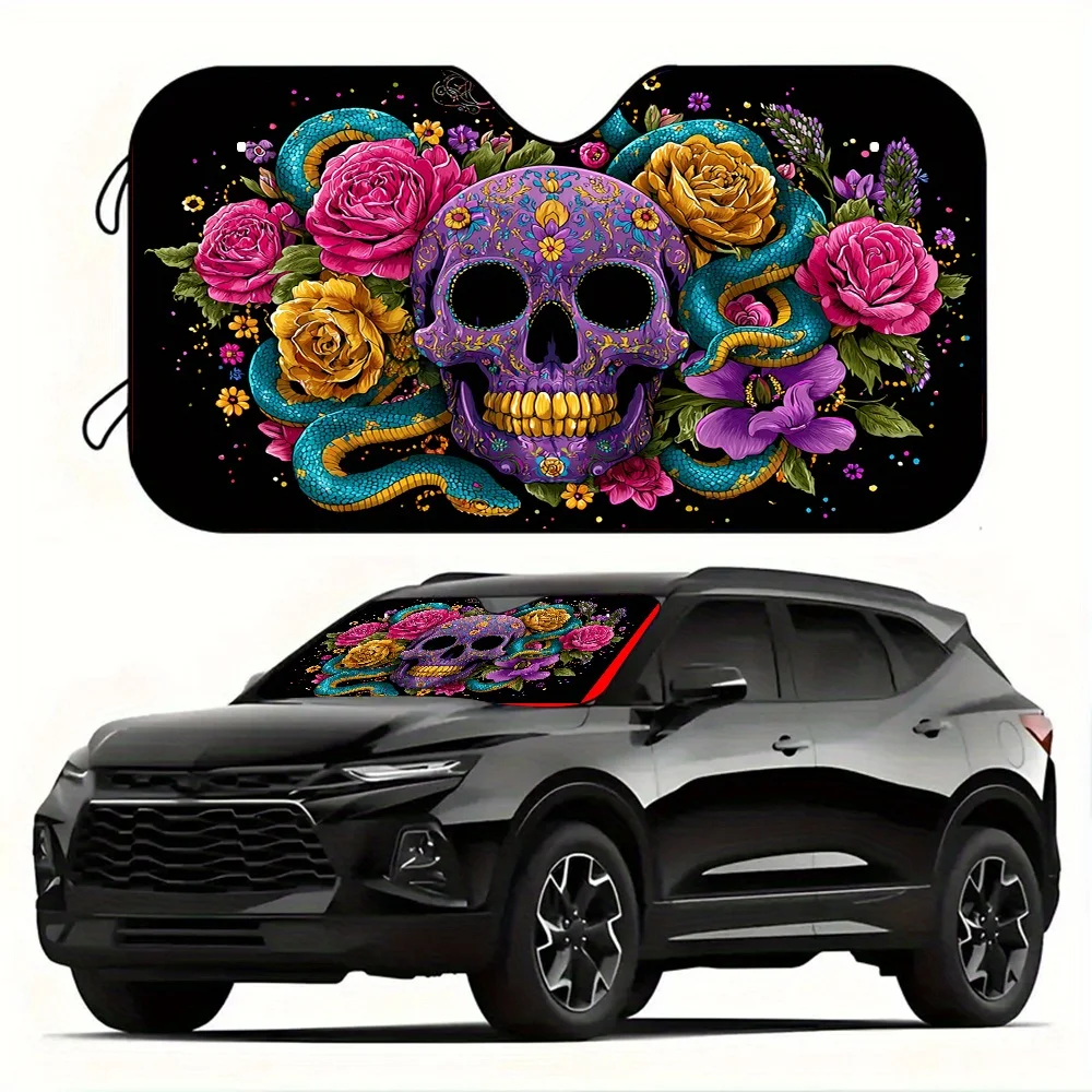 1pc Skull Flower Snake Art Windshield Sunshade & Foldable Car Cover - UV Protection & Heat Reflective, Durable Polyester With Ro