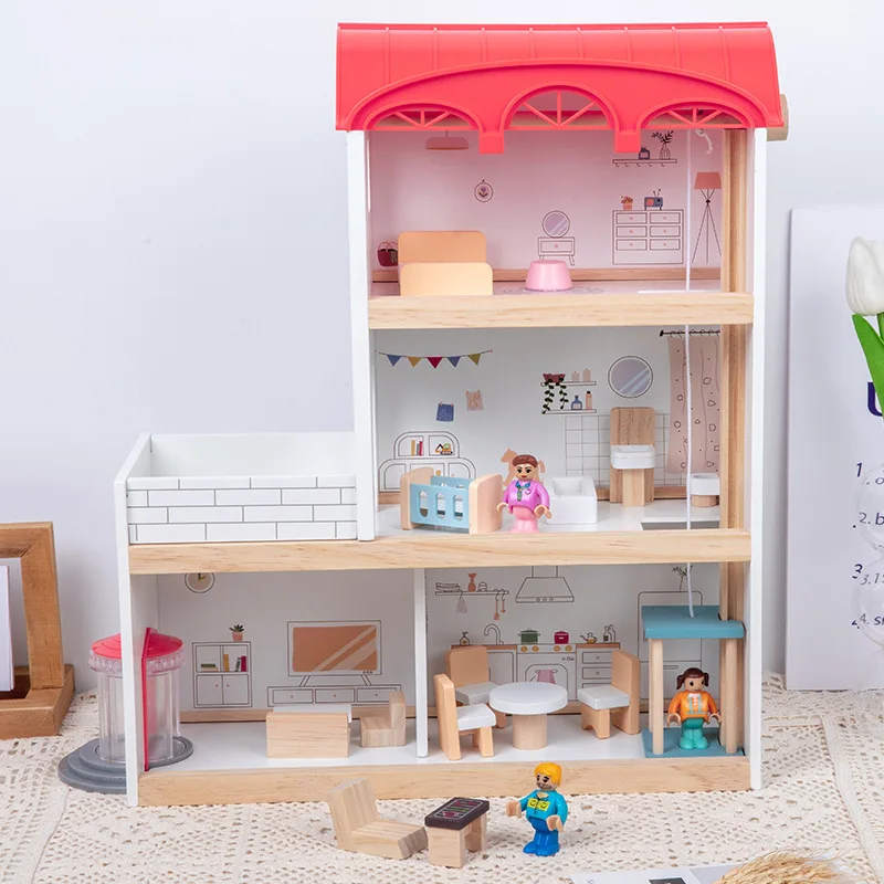 خشبية لتقوم بها بنفسك لعبة فتاة مونتيسوري قلعة الأميرة فيلا بيت الدمية الكبير أطقم منمذجة دمى اكسسوارات دمية مع ألعاب الأثاث