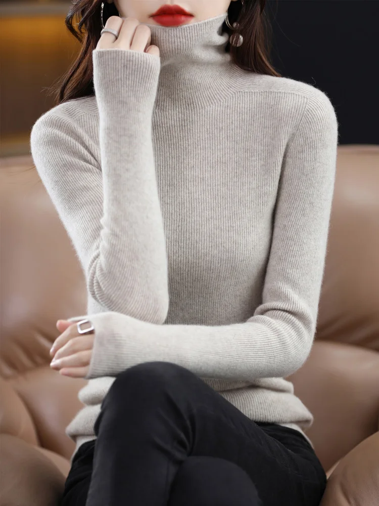 Autumn Winter Women 100% Merino Wool Sweater Seamless Turtleneck Cashmere Pullover Basic Slim Knitwear Solid Korean Clothing Top