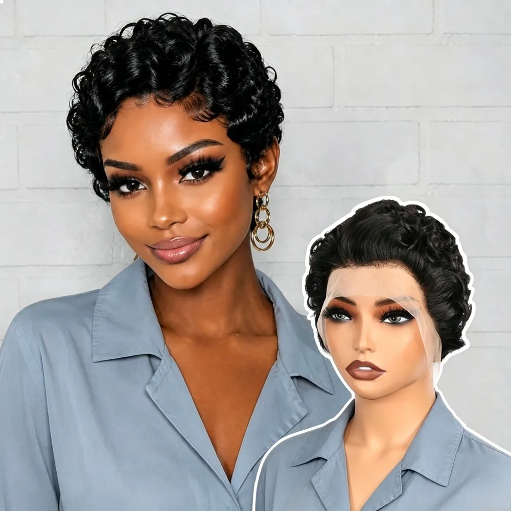Short Curly Pixie Cut Human Hair Wig 13x4 Lace Front Glueless Wig for Black Women, 180% Density Natural Hairline Soft Breathable