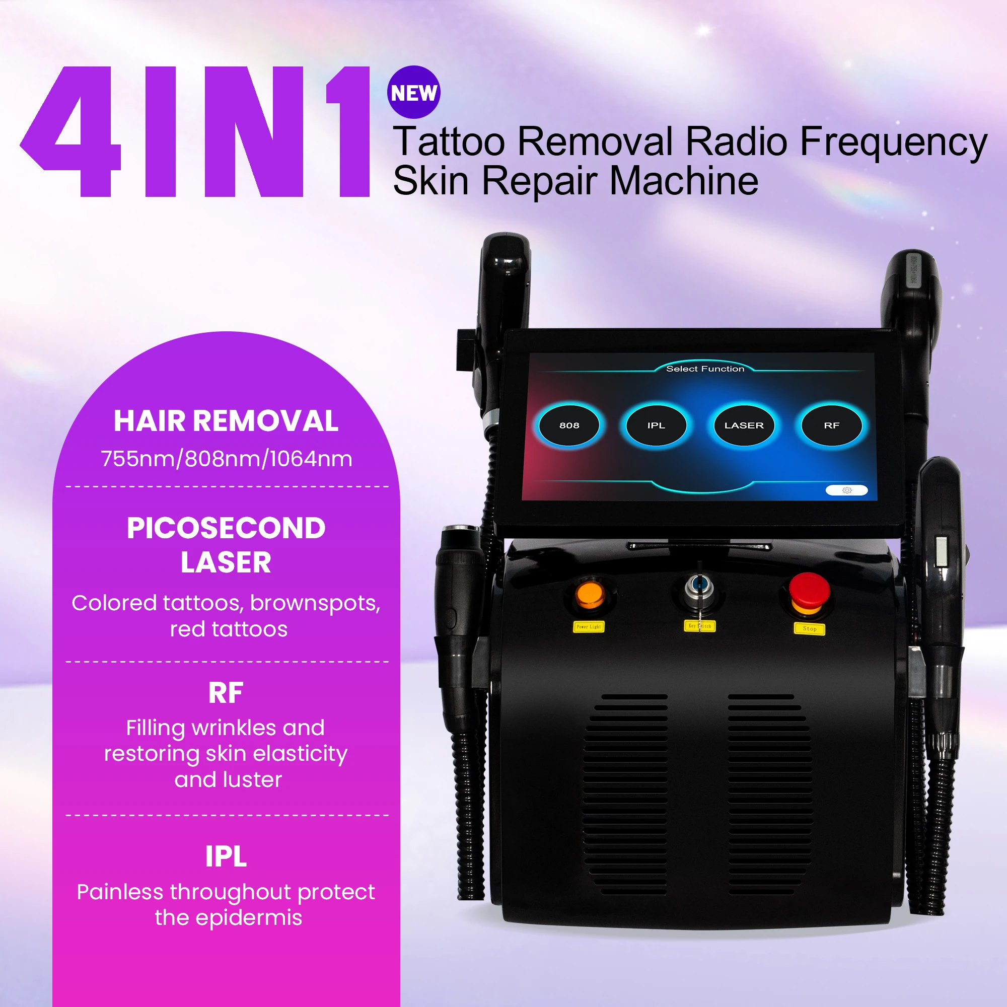 4 in 1 Multifunctional Beauty Machine 4000W Diode Laser Pico DPL RF Hair Tattoo Removal Skin Care Salon Device