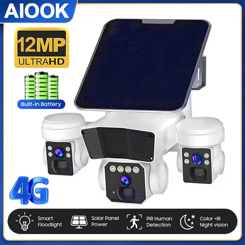 

AIOOK Outdoor Solar Camera 3 Lens HD 12MP 4G Camera Auto Tracking Night Vision Waterproof CCTV Two-Way Intercom 16000mAh Battery