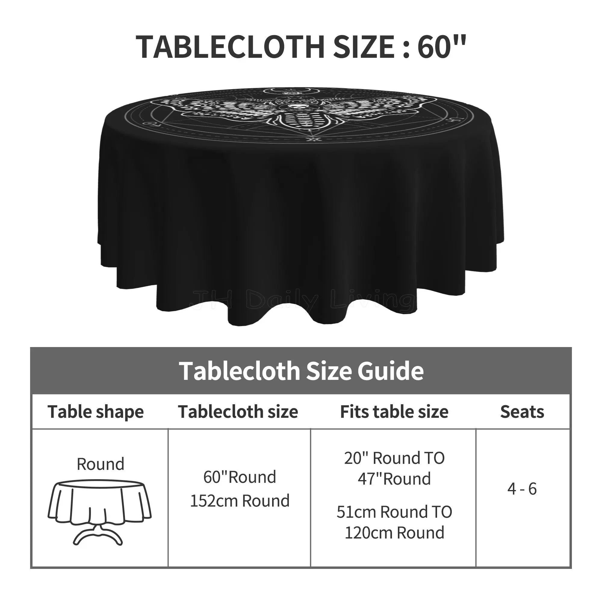 Magic Black Skull Moth Round Table Cloth 60 Inch Gothic Witchy Butterfly Moth Print Tablecloth Party Table Cover Decoration