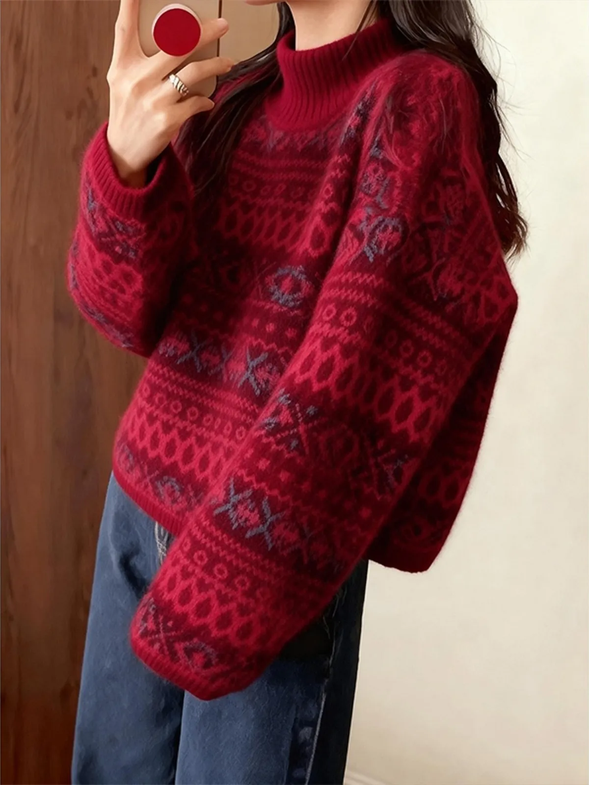 

Loose Red Knitted Sweater f High Collar Tassel Spring New Year Women's Faion Lazy Sle Overhead Knitted Top