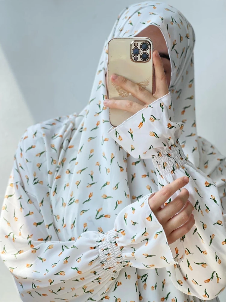 Floral Print One-piece Jilbab for Women, Muslim Prayer Dress Hooded Abaya, Dubai Turkish Islamic Clothing, Hijabi Robe, Ramadan