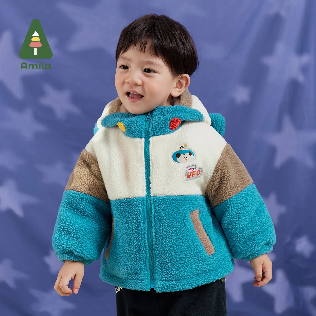 

Amila Baby Children Coat 2024 Winter New Multicolour Hooded Warm Cosmic Theme Cartoon Pattern Baby Clothing