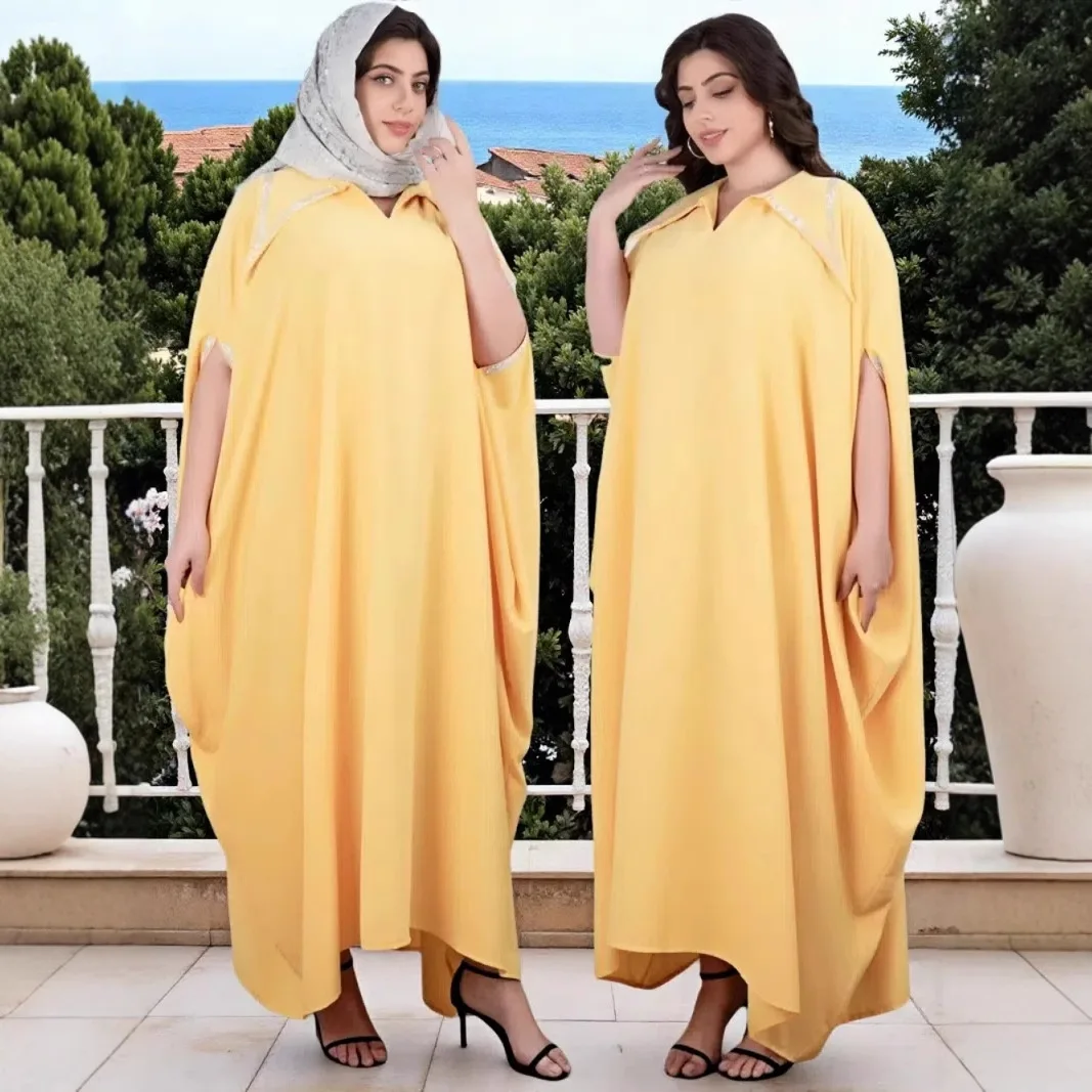 Middle East Muslim New Fashion Women's Plus Size Solid Color Casual Trendy Simple Basic Elegant Turn-down Collar Abayas Female