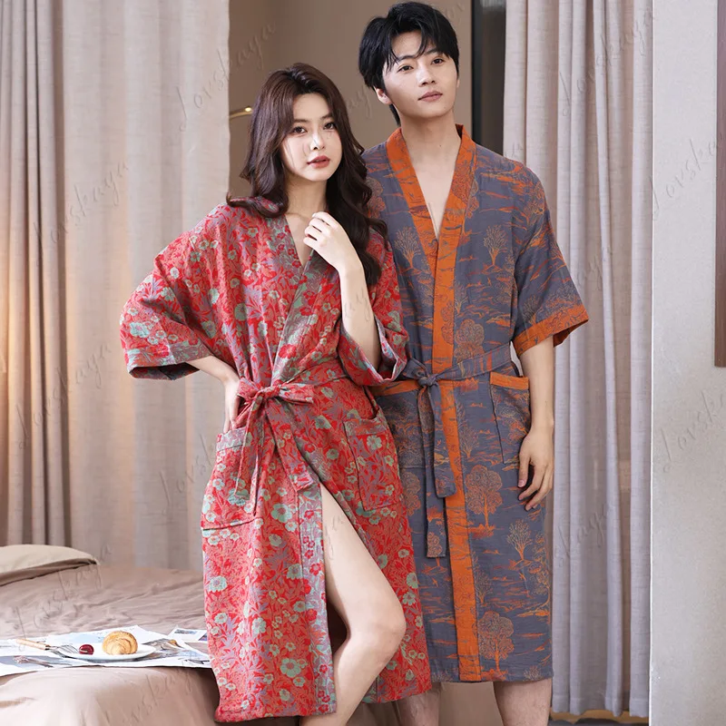 

Spring Summer Thin Cotton Double-Layer Gauze Pajamas Set Couple Absorbent Quick-Drying Homewear Bathrobes for Comfortable Sleep