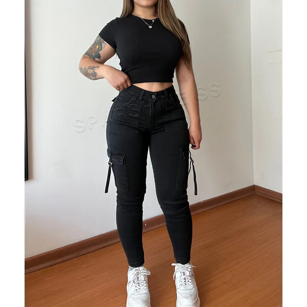 2024 Damen Hip Hopsolid Farbe Y2k Cargo hose Frauen taschen Design Jeans hohe Taille Streetwear Hose gerade Hose