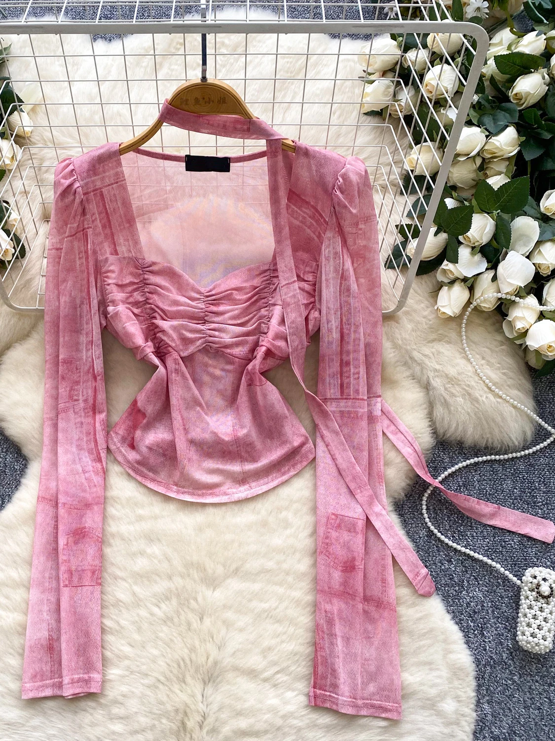 

Retro Gradient Long Sleeve Women's Shirt Summer Pleated Thin Slimming Pure Desirable Spicy Top Korean Style Commute Fashion