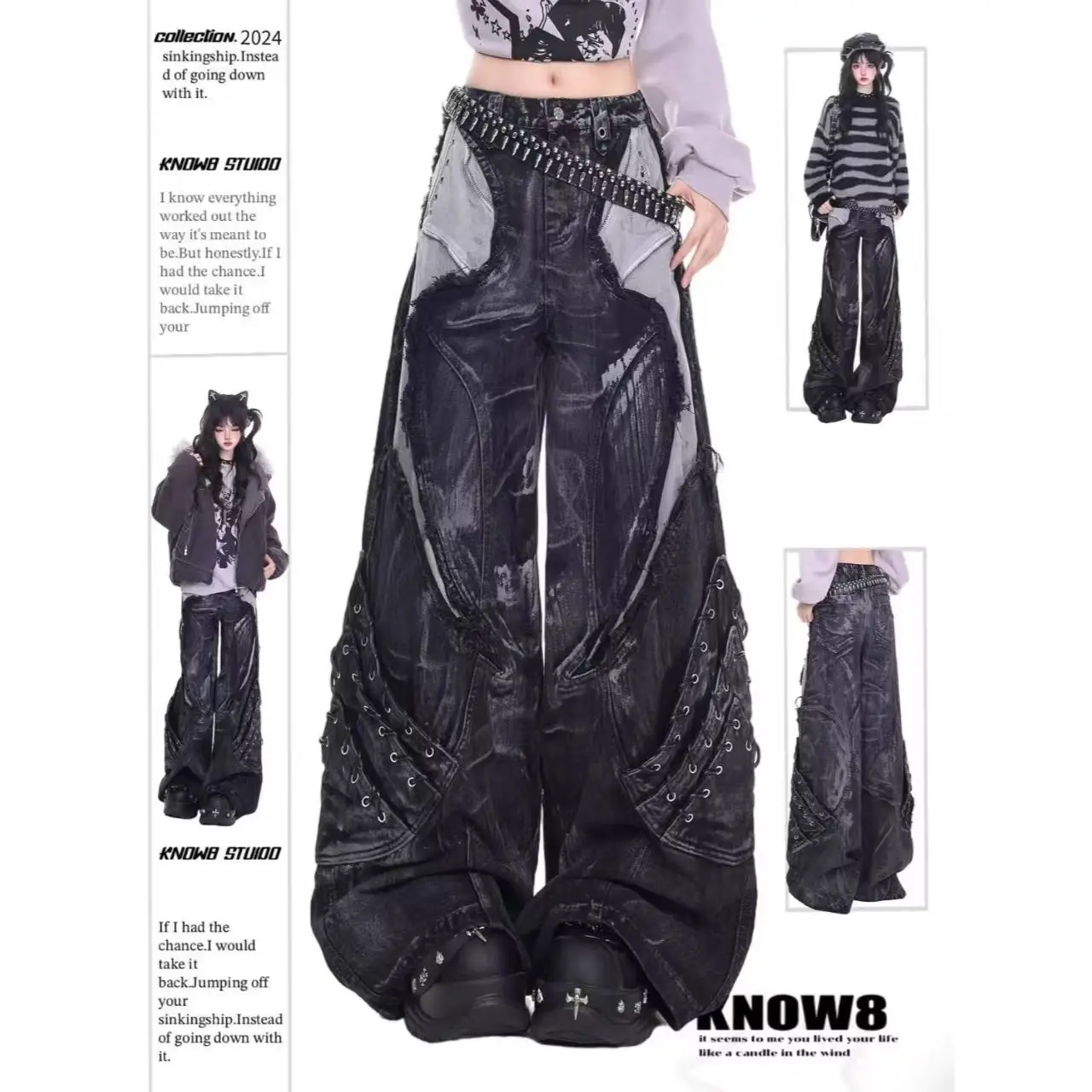 American Heavy Industry Black Gothic Oversized Retro Pocket Design For Men's And Women's Washed Loose Hip Hop Zipper Jeans