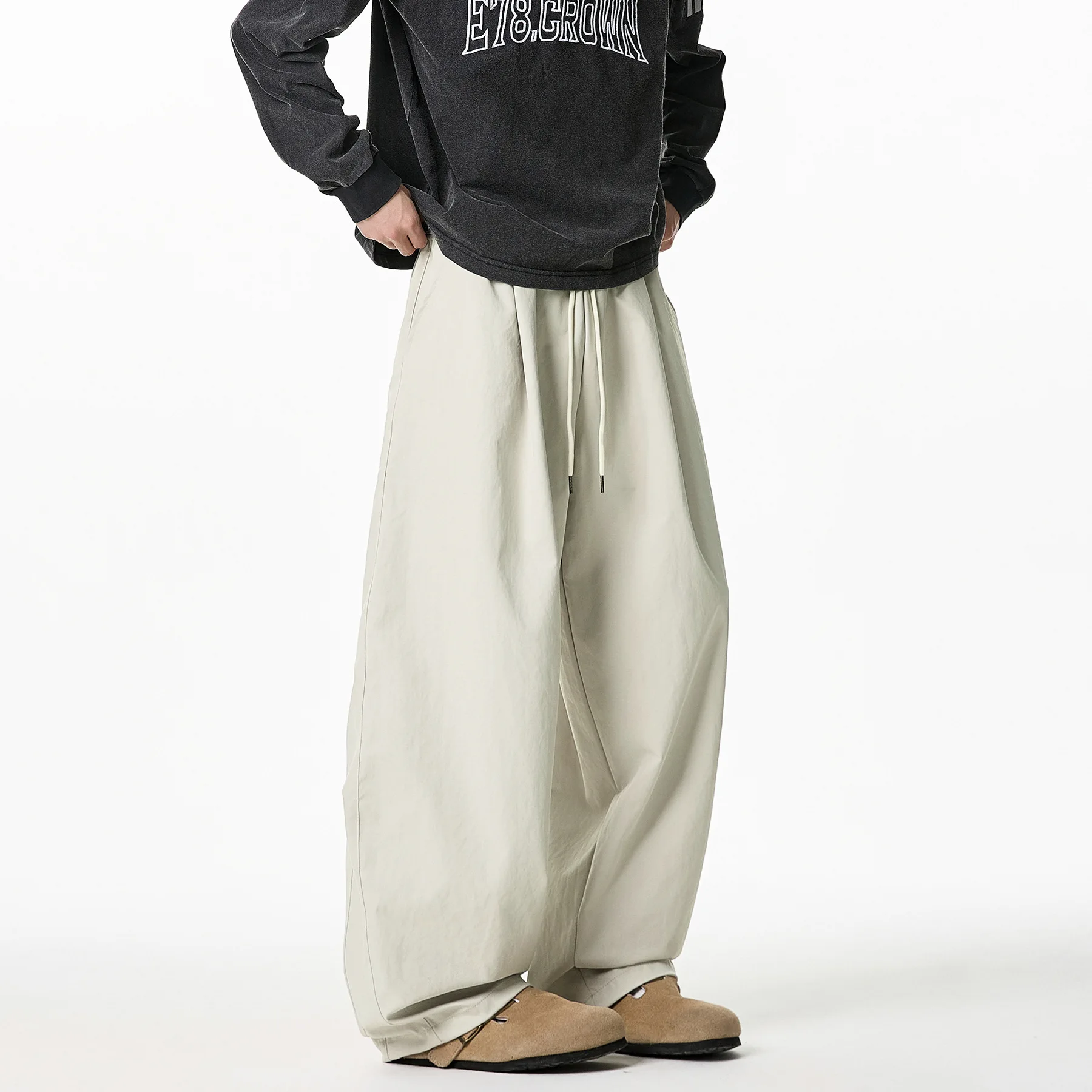 Autumn Winter Casual Pants Men's Pleated Pants Loose Design Solid Color Slightly Wide Leg Casual Trousers